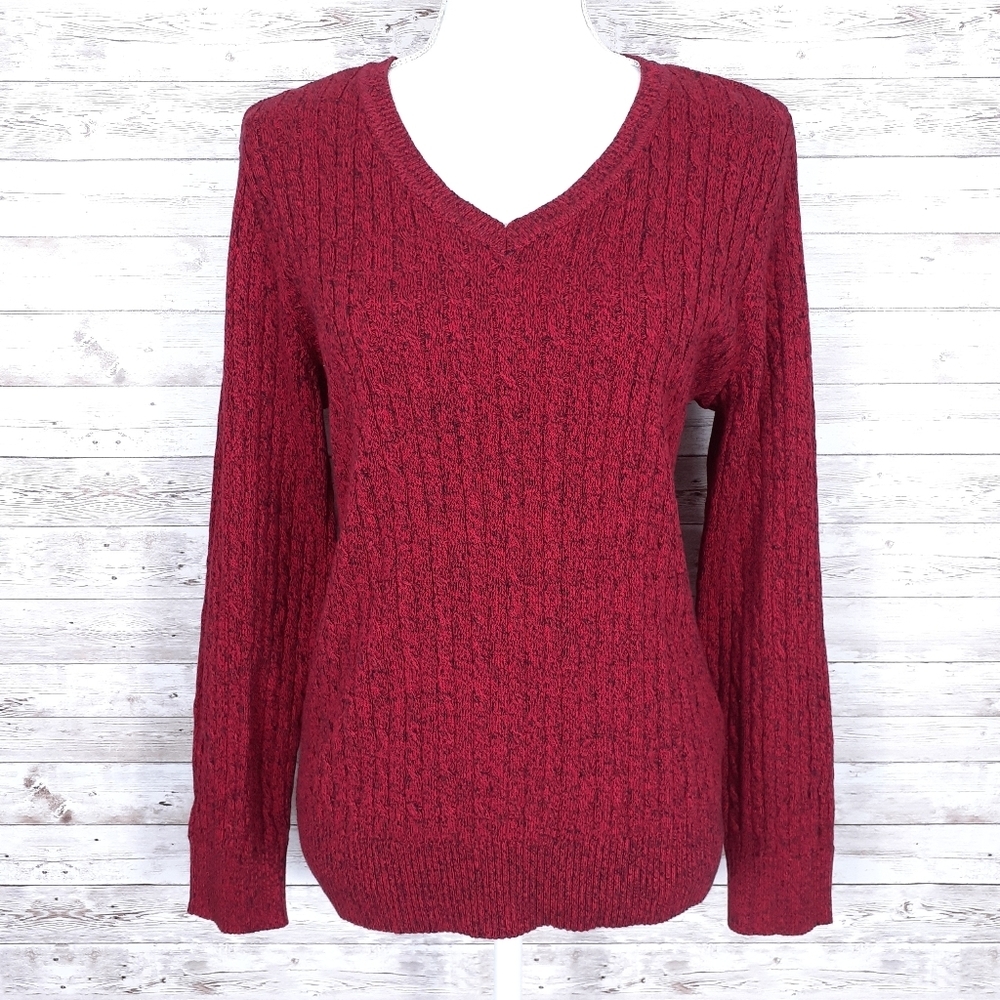 Karen Scott Vneck Cable Knit Sweater Marled Red Black A